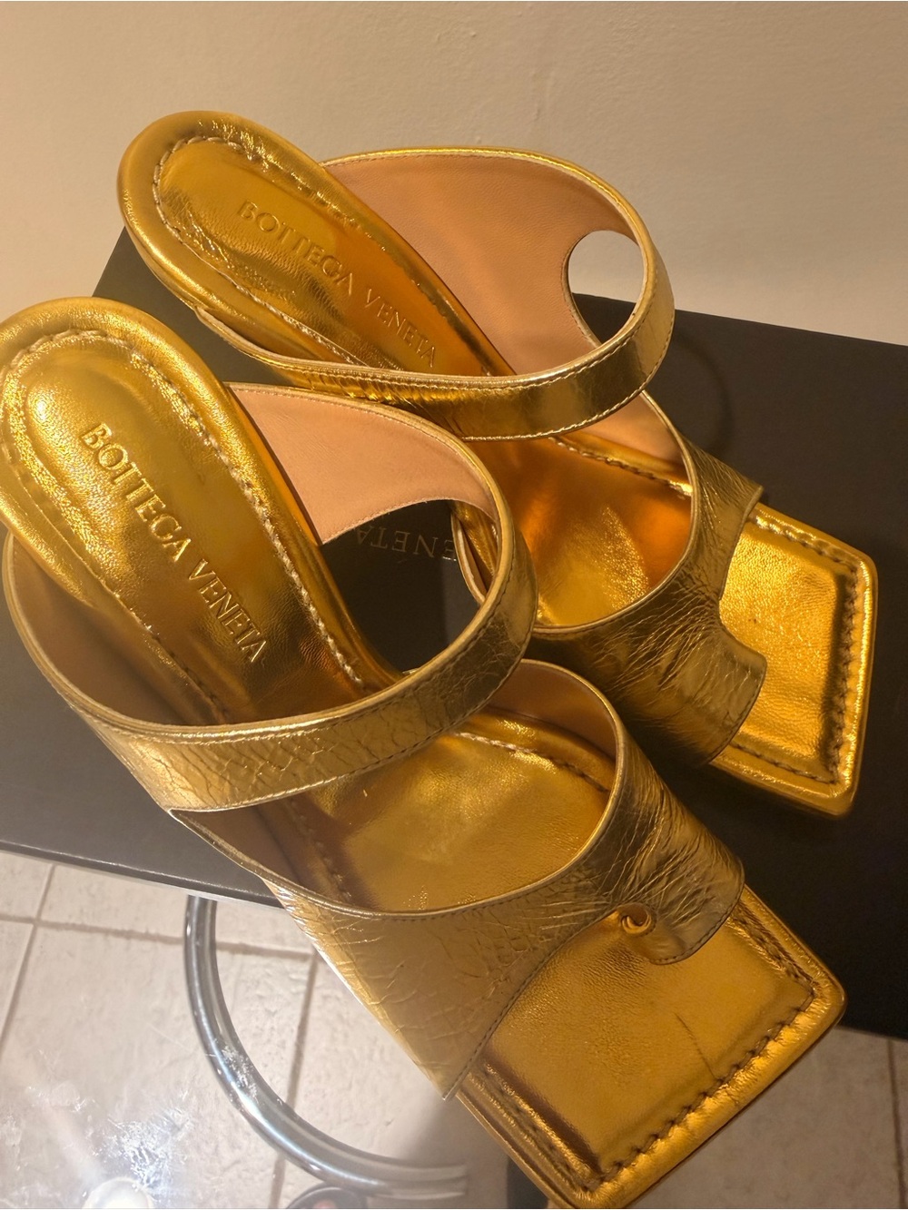 Bottega Veneta Metallic Gold Square-Toe Slide Heels - Picture 2 of 6
